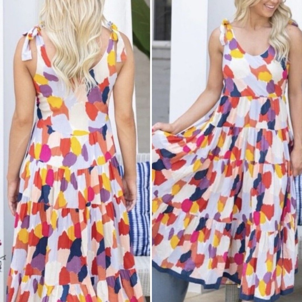 THML| Mabli Multicolored Tiered Maxi Dress 100% Cotton| Sz Lg. NWT